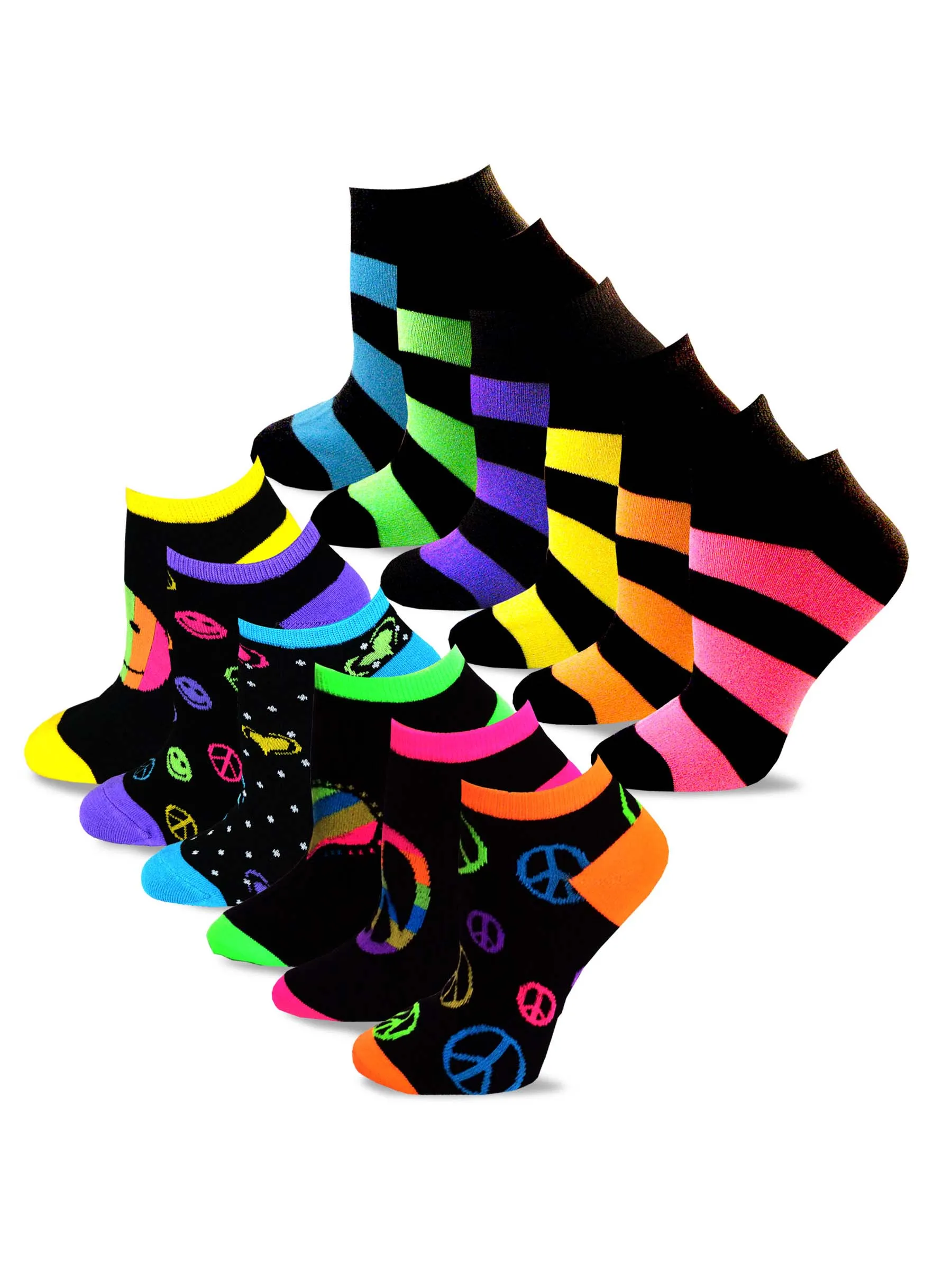 TeeHee Socks Women's Casual Acrylic No Show Neon Stripes/Heel Toe 12-pack (10215)