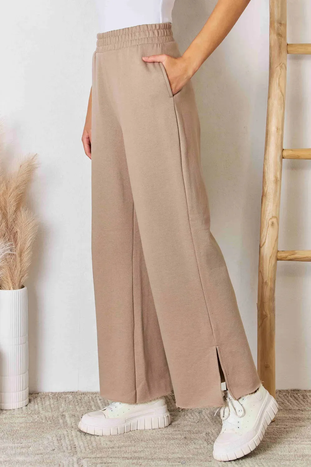 Wide Waistband Slit Wide Leg Pants