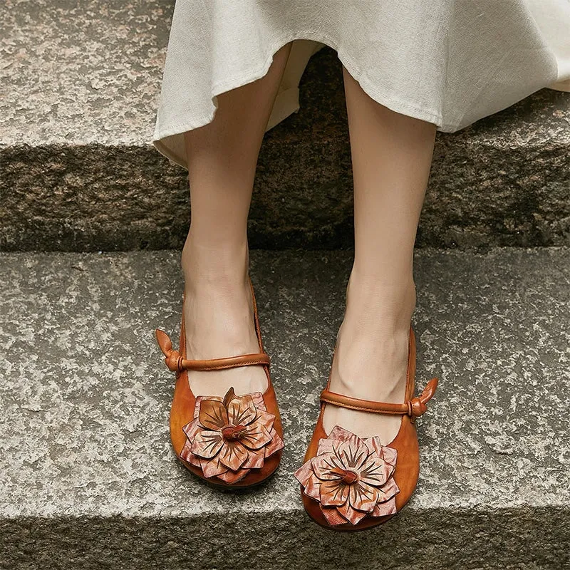 Women's Handmade Flower Leather Flats  Slip Ons in Coffee/Brown/Green