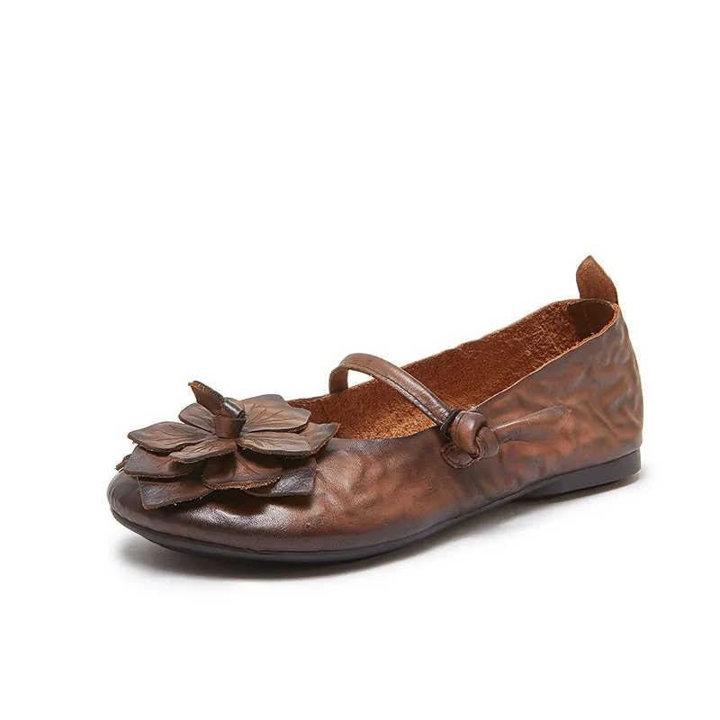 Women's Handmade Flower Leather Flats  Slip Ons in Coffee/Brown/Green