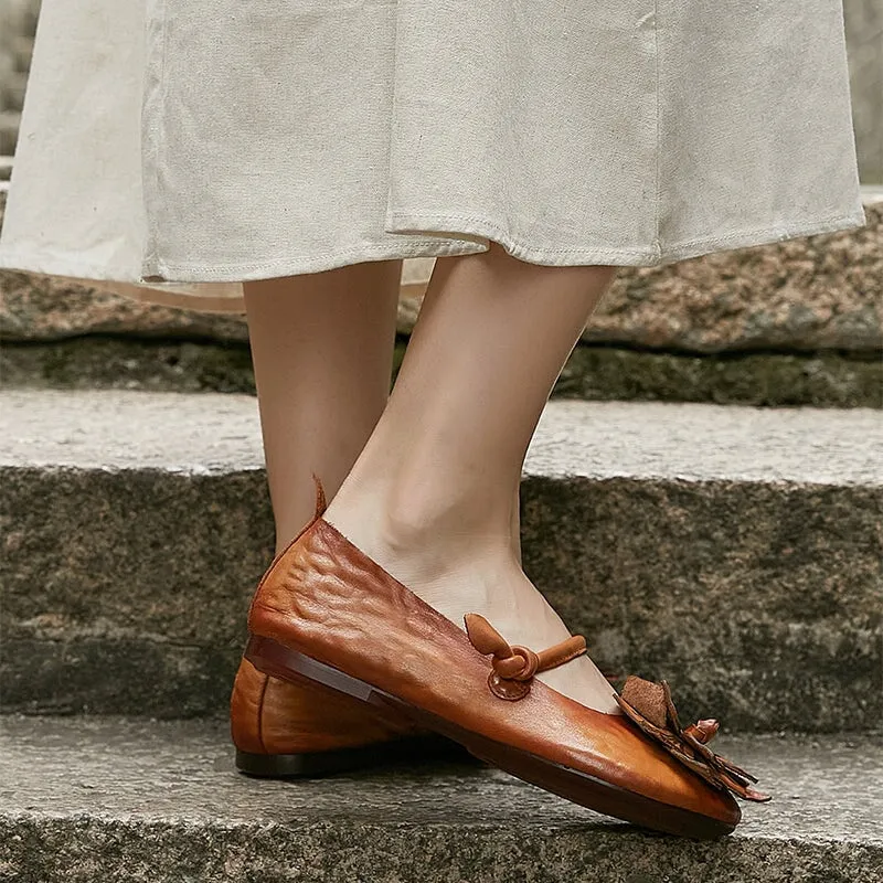 Women's Handmade Flower Leather Flats  Slip Ons in Coffee/Brown/Green